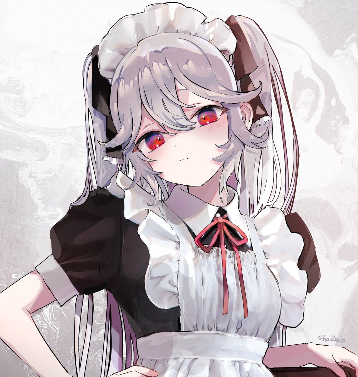 1girl red eyes solo maid maid headdress apron long hair  illustration images