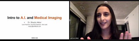 theMichaelBalas's tweet photo. What a fantastic talk to kick off our first @aimss_uoft 2022 Speaker Event! Thank you Dr. Shazia Akbar, Lead Machine Learning Engineer at @altislabs, for teaching med students the fundamentals of AI and inspiring us with the great work being done in the realm of medical imaging. https://t.co/51dISxruaY