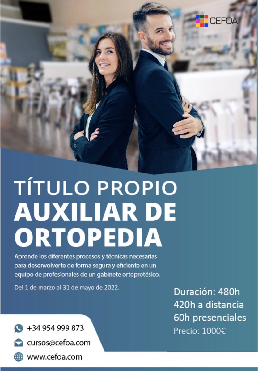 📚¿Quieres formarte como Auxiliar de Ortopedia? ✅🎓¡Abierto el plazo de matriculación! Aprende a desenvolverte de manera segura y eficiente en un gabinete ortoprotésico. Curso semipresencial bonificable. Más info 👉 cefoa.com/cefoa/cursos/t…