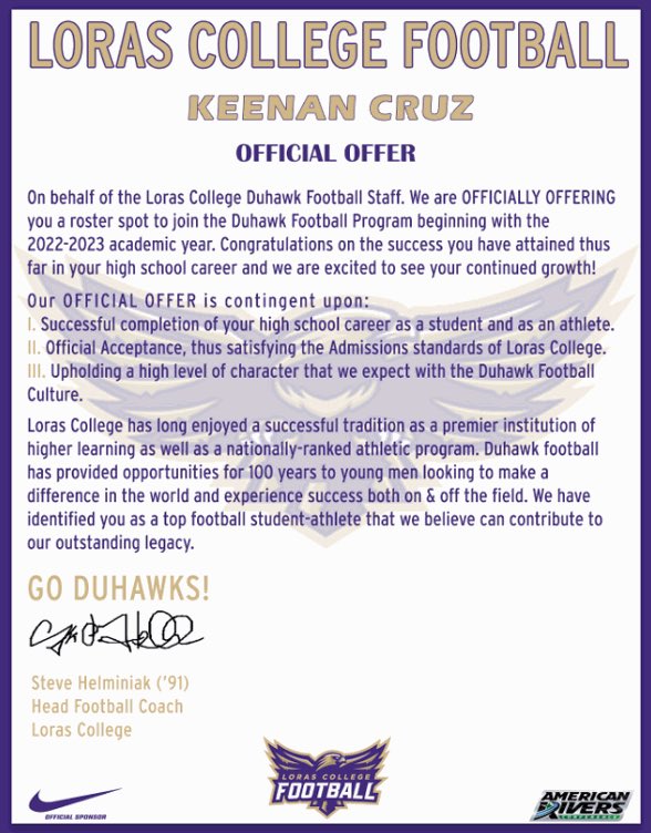 Keenan Cruz (@keenancruz7) on Twitter photo #AGTG!! Very blessed to say I have received an offer from Loras College!!
<a href="/FootballCoachO/">Coach Jake Olsen</a> <a href="/SteinbrennerFB/">SteinbrennerFootball</a>
<a href="/DcDelValle53/">Brian DelValle</a> <a href="/juanlong9/">juan long</a> <a href="/CoachPuskas/">Gregg Puskas</a> #AGTG!! Very blessed to say I have received an offer from Loras College!!
<a href="/FootballCoachO/">Coach Jake Olsen</a> <a href="/SteinbrennerFB/">SteinbrennerFootball</a>
<a href="/DcDelValle53/">Brian DelValle</a> <a href="/juanlong9/">juan long</a> <a href="/CoachPuskas/">Gregg Puskas</a>
