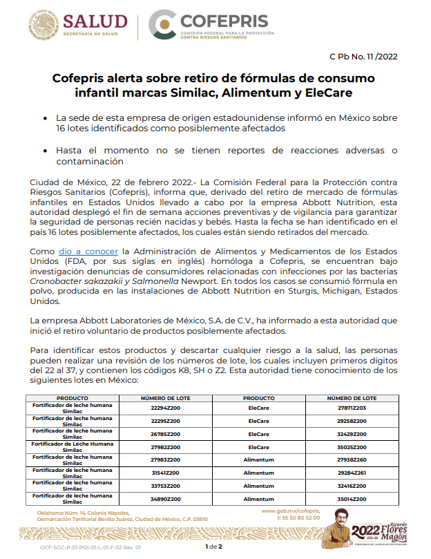 LupitaJuarezH's tweet photo. 🚨Alerta la #Cofepris sobre el retiro voluntario de fórmulas de consumo infantil de las marcas #Similac, #Alimentum y #EleCare, luego de que la #FDA en los #EUA abrió investigación relacionada con infecciones por las bacterias #CronobacterSakazakii y #SalmonellaNewport. https://t.co/4Xu3XJw8Ha