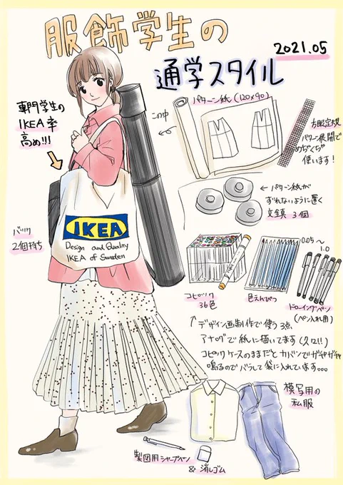 服飾学生のカバンの中。特に文鎮がある日は大変です🧳 
