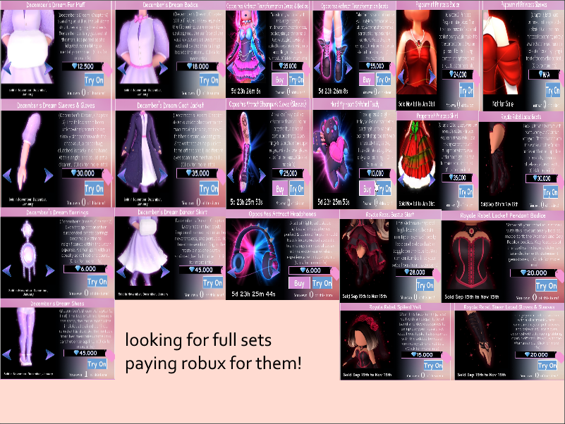 macaronisc's tweet photo. hey im looking for full sets !
paying robux for them

#royalehigh #royalehightrades #royalehightrading #royalehighcrosstrades #royalehighcrosstrading #royalehighoffers https://t.co/pEBMSwGk51