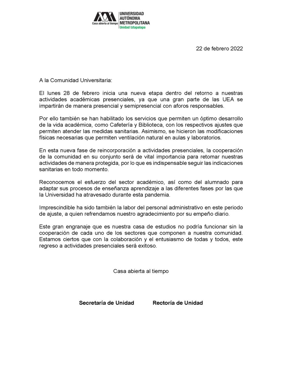 UAM_Iztapalapa's tweet photo. 🔰 #ComunicadoUAMI 
En el regreso a actividades presenciales la cooperación de la comunidad será de vital importancia 🤝  #VolvemosACasa 🤓
https://t.co/lZgzsFlxR6 https://t.co/MBrBZ4D1g7