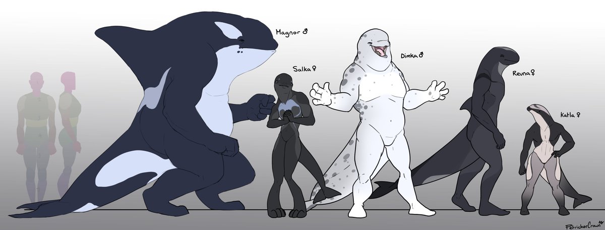 Phew! Here's a little line up I did of some cetacean characters. I really love Magnor and Revna
