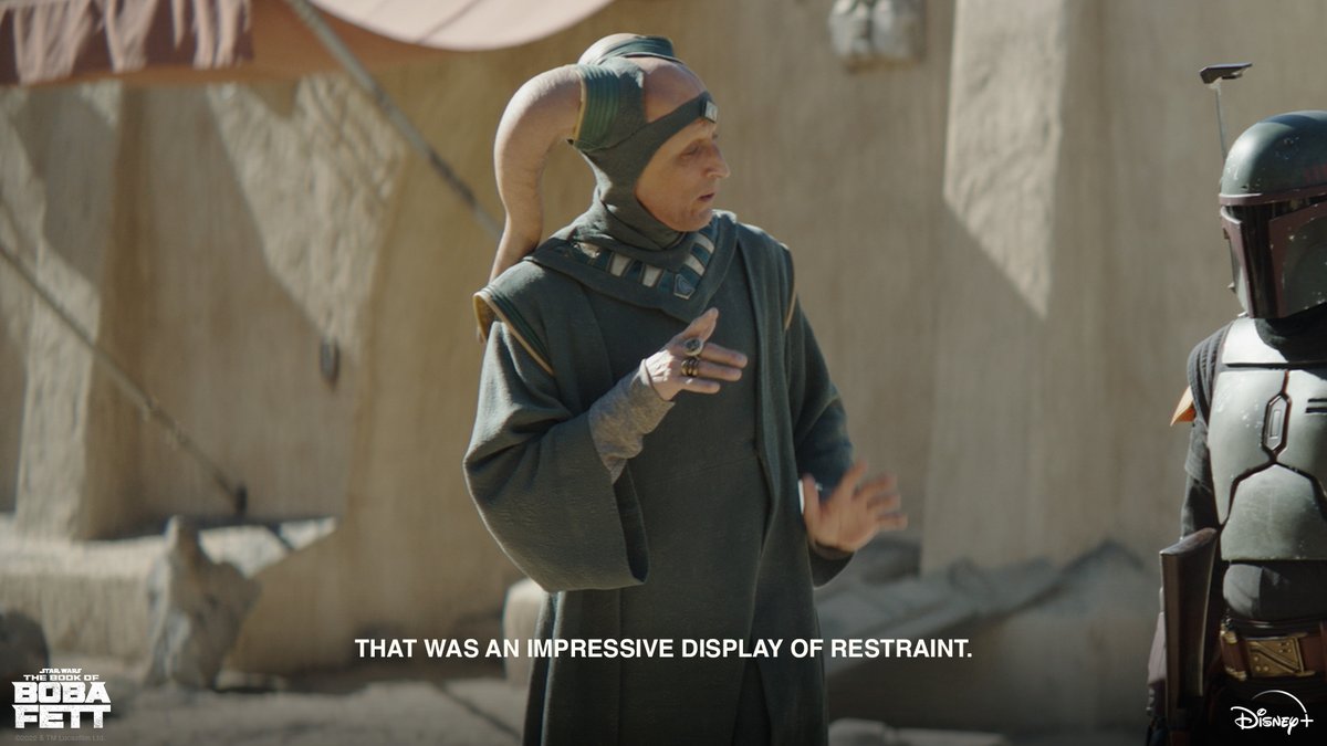 bobafett's tweet image. "Let us dispense with the pleasantries."
All episodes of #TheBookofBobaFett are now streaming on @DisneyPlus.