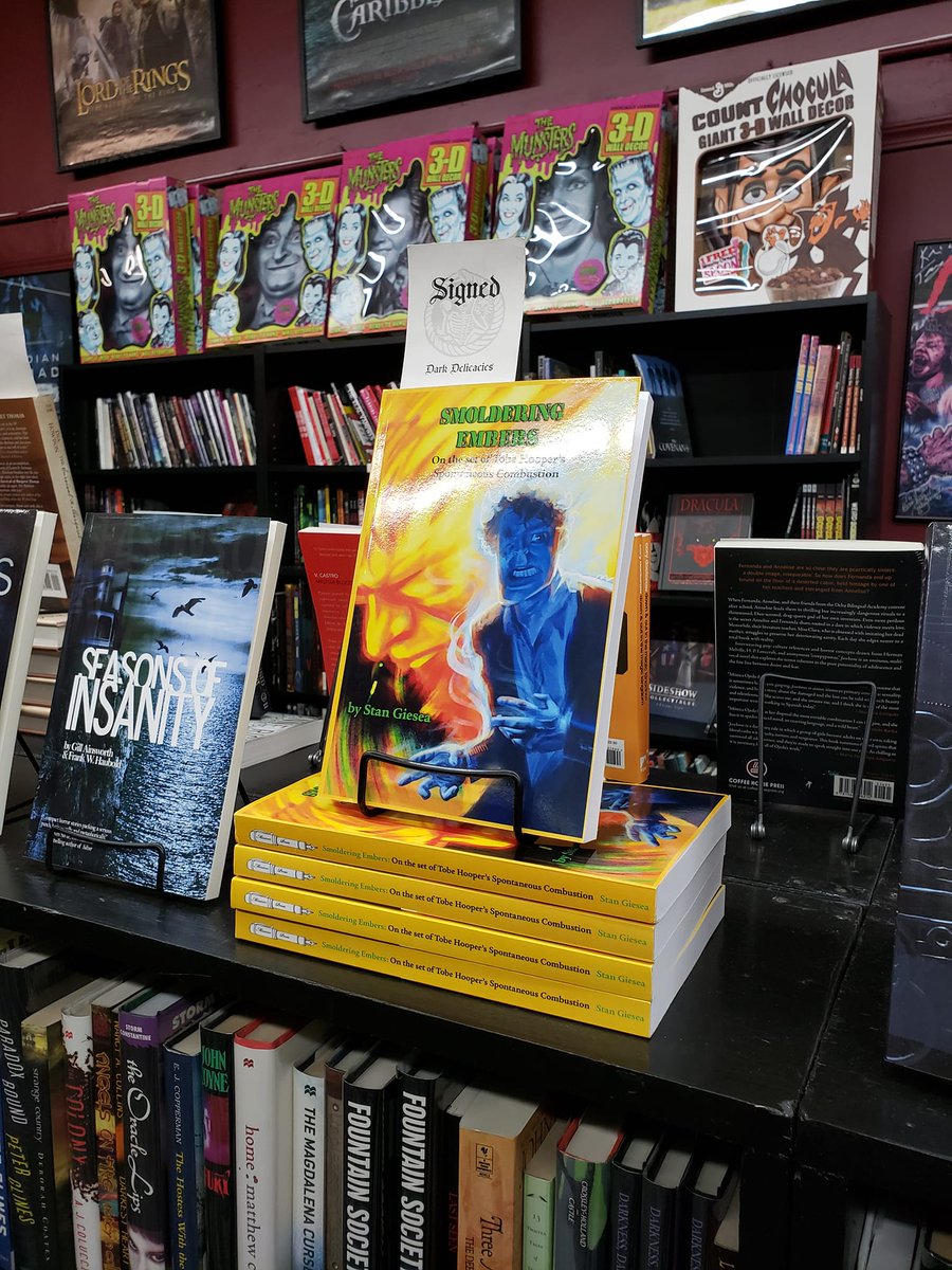 Here's my book, SMOLDERING EMBERS: On the set of Tobe Hooper's Spontaneous Combustion, on display at Dark Delicacies in Burbank, CA!  Stop in and pick up a copy or order online!  #tobehooper #braddourif #cynthiabain #johnlandis #cultfilm #spontaneouscombustion