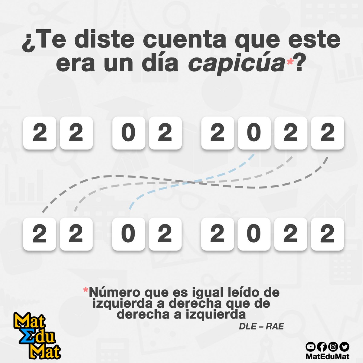 MatEduMat's tweet photo. ¿Te diste cuenta que este era un día capicúa? 🤓🤔
#MatEduMat https://t.co/VG1iuP0EAe