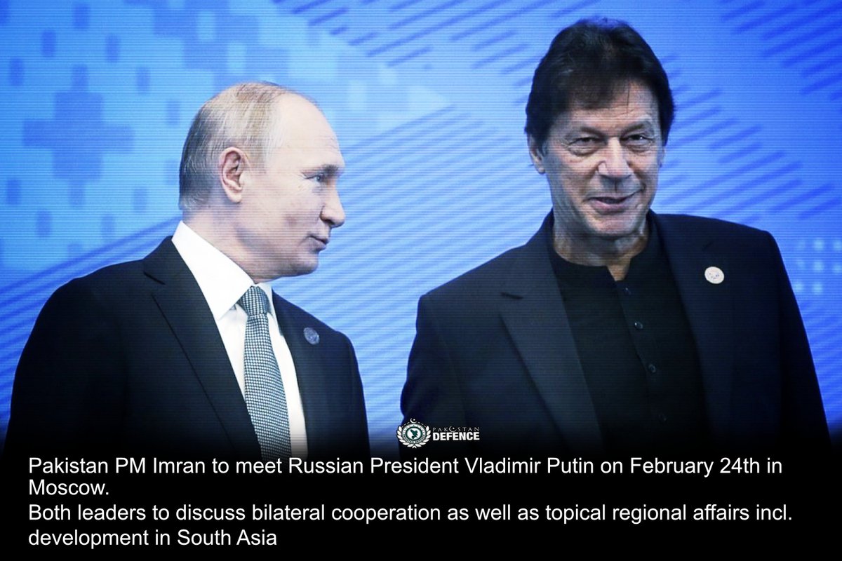 According to 🇷🇺MoFA, President Vladmir Putin will meet 🇵🇰PM Imran Khan on Feb 24 Both leaders will discuss issues pertaining to bilateral cooperation and topical regional developments including South Asia