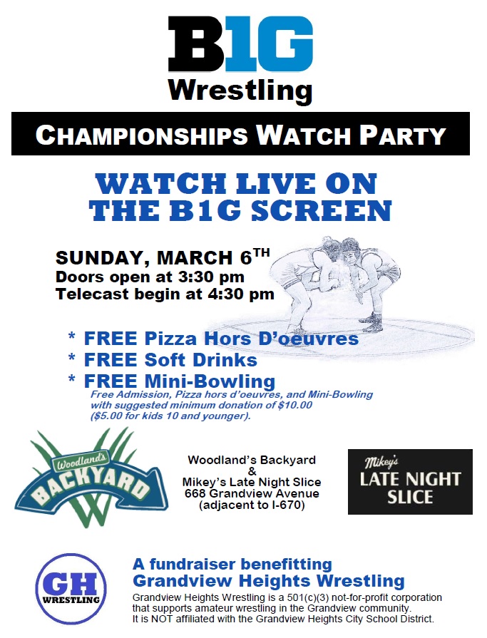 Once again <a href="/WoodlandsBkyard/">Woodland's Backyard</a> is stepping up in a B1G way to host our <a href="/GHtsWrestling/">Grandview Wrestling</a> B1G Championships watch party!! It's less than 2 weeks away and it just keeps getting better &amp; better! We're adding a chance to win a free night at Courtyard by Marriott @ the Yard as a door prize!