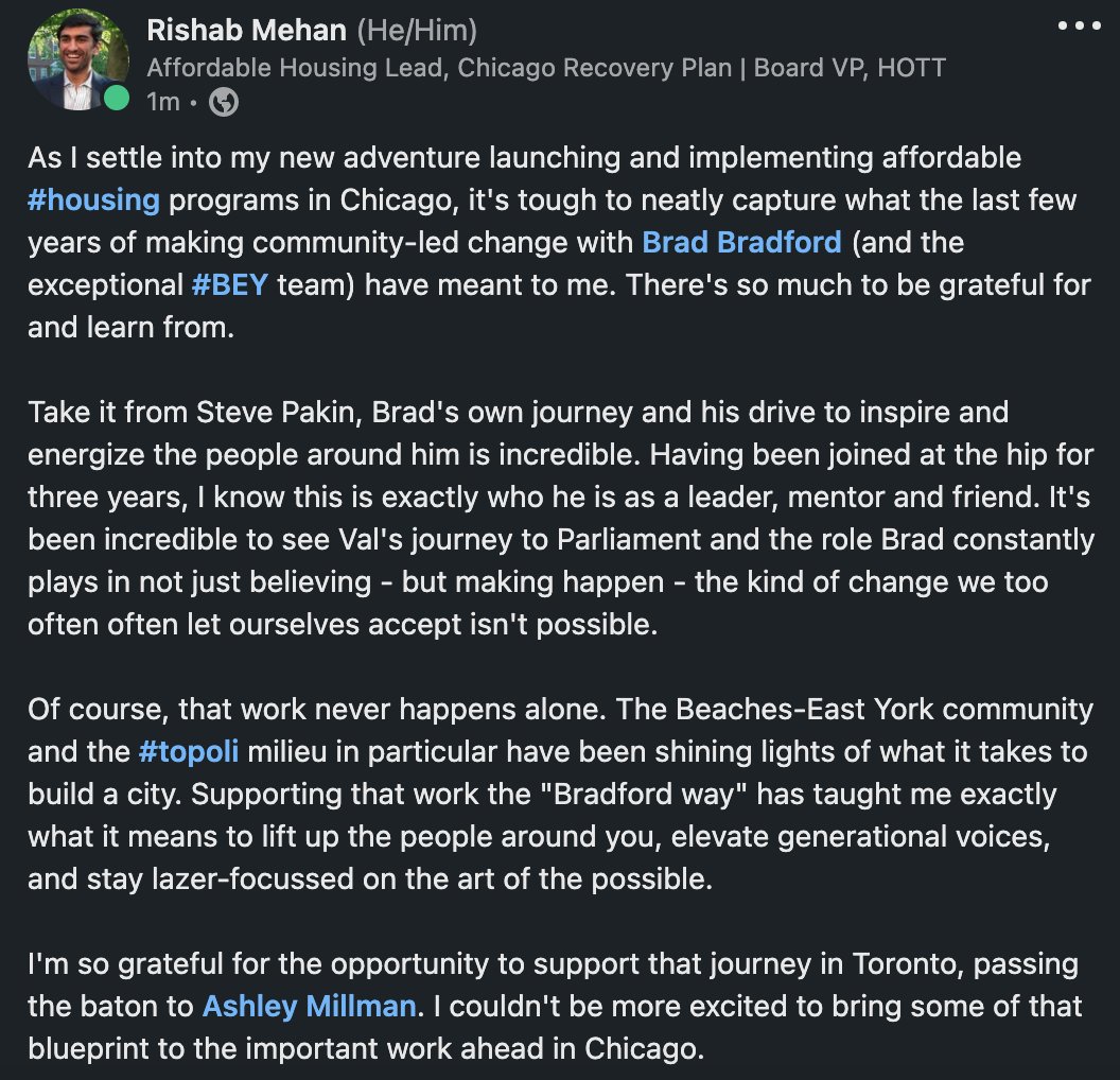 As I settle into my new adventure launching affordable #housing programs in Chicago, it's tough to neatly capture what the last few years of making community-led change w <a href="/BradMBradford/">Brad Bradford</a> (and the #BEY team) have meant to me. It took <a href="/spaikin/">Steve Paikin</a> to help capture the Bradford way: