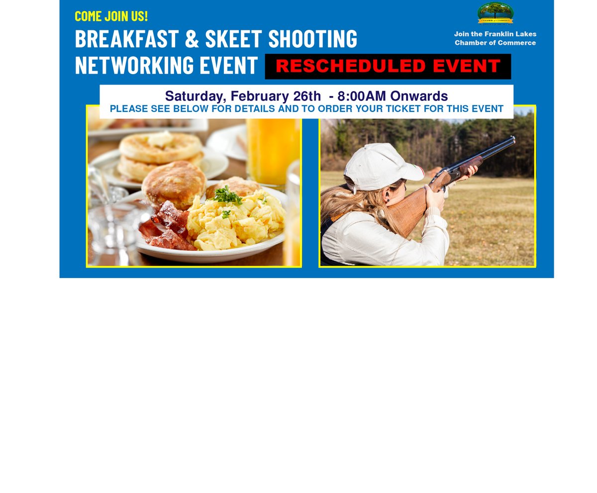FLakesChamber's tweet photo. Sat Networking Breakfast &amp; Skeet Shooting - https://t.co/HkjhGaQauH
@franklinlakes @networking @events   Get your Ticket now at https://t.co/uTjzVLkx3T https://t.co/ggWxEkJL0i