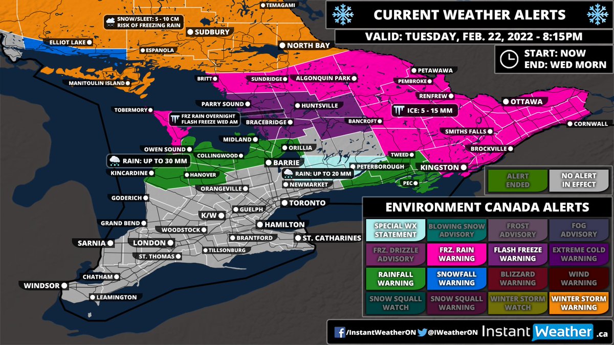 IWeatherON's tweet photo. #ONStorm #ONwx Good evening! Here's a look at the colourful Environment Canada alert map updated as of 8:15 PM tonight.

Freezing rain continues through Eastern Ontario this evening and will come to an end overnight as the system moves out. https://t.co/eyMHlKNKQI