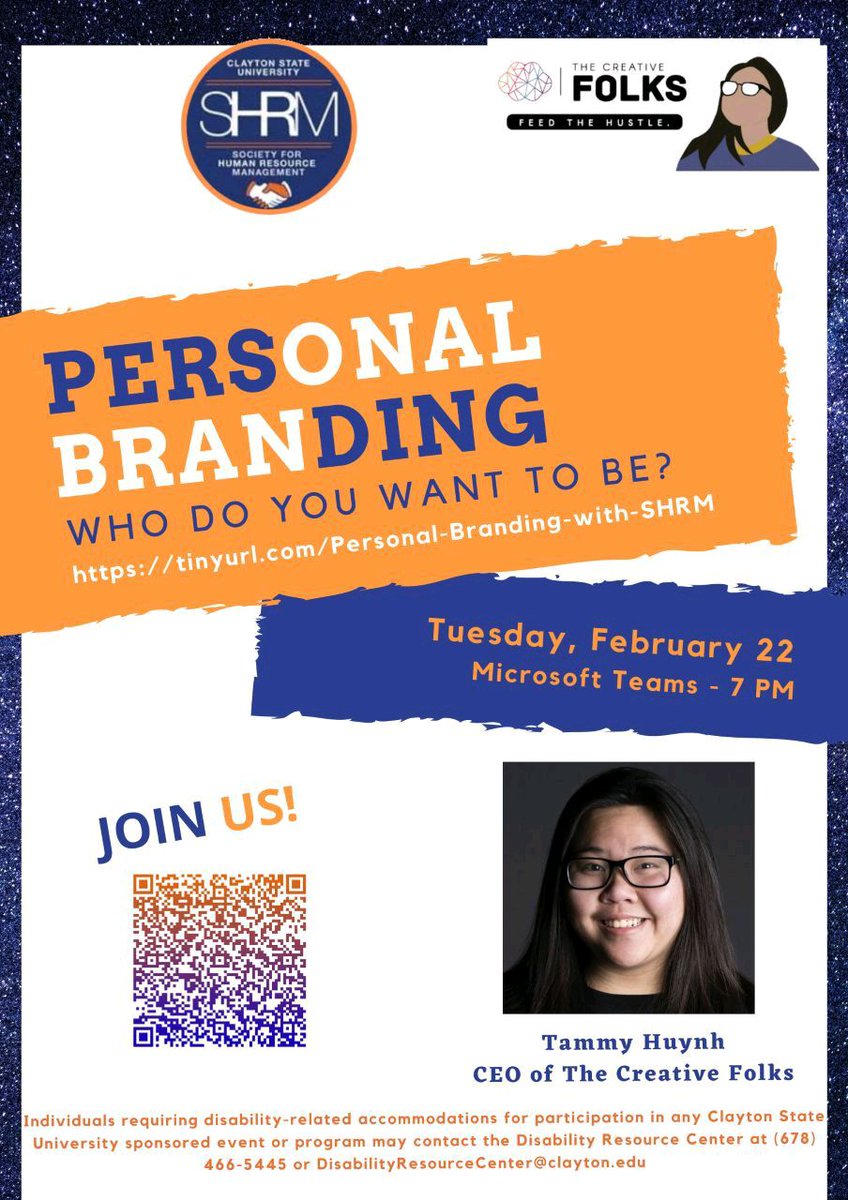 CSU_SHRM's tweet photo. Who Do you Want to Be? 💙🧡🤍

Join us tonight at 7PM to hear from Tammy Huynh , CEO of #TheCreativeFolks.

https://t.co/Uwi2h2eQXk

#ClaytonStateSHRM #LakerNation #TheCreativeFolks #learning #MsTeams https://t.co/iLEY69dAcM