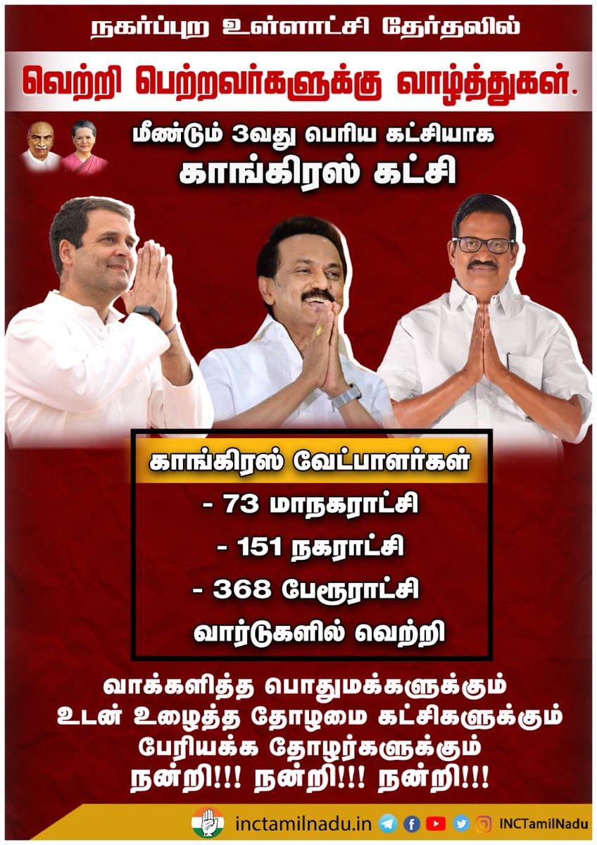 INCTamilNadu's tweet photo. வாக்களித்த பொதுமக்களுக்கும், உடன் உழைத்த தோழமை கட்சிகளுக்கும், காங்கிரஸ் பேரியக்க தோழர்களுக்கும் எங��களது நன்றி.
#CongressWithTN https://t.co/Mrx0ZMo1Lf