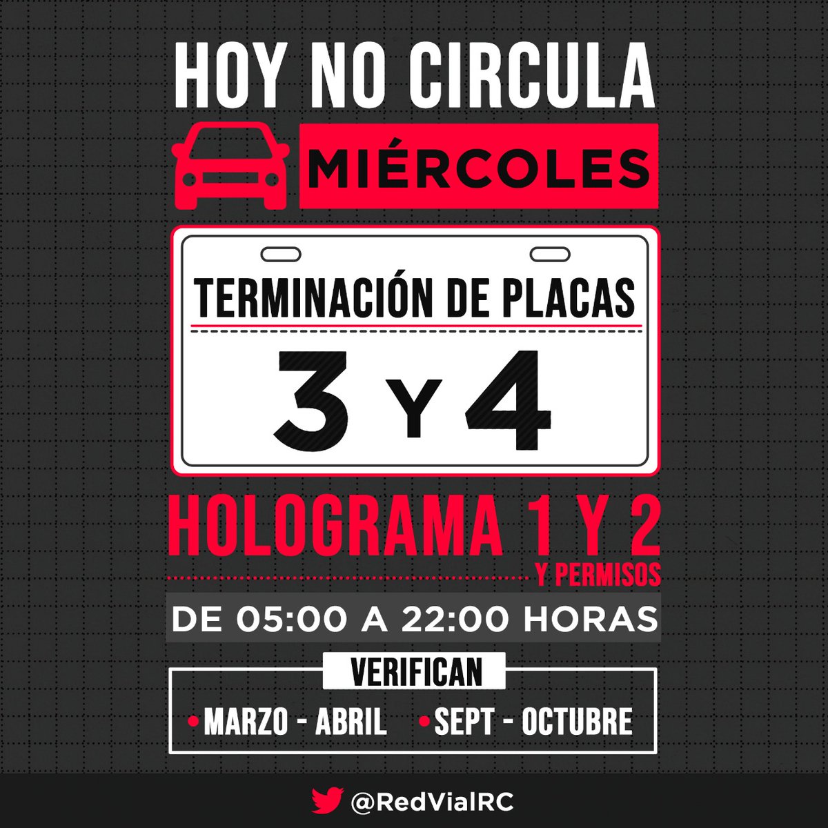 RedVialRC's tweet photo. #FelizNoche
Recuerda que, los autos con engomado rojo, terminación de placas 3 y 4, hologramas 1 y 2, NO deberán de circular el día de mañana.
#TipsRVial
¡Evita infracciones! https://t.co/Dsb8I3tApV