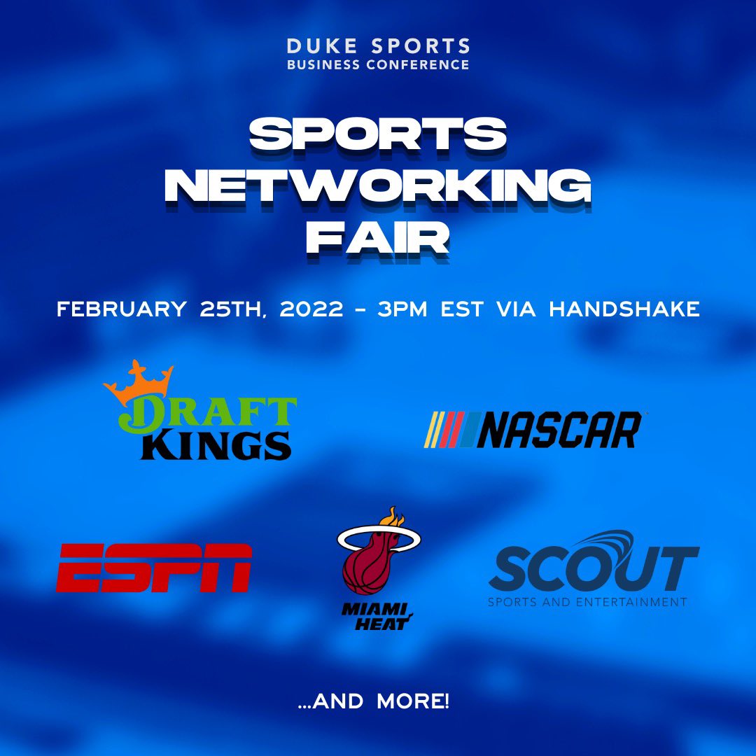 DUKE STUDENTS! 😈🔥

Registration is open for the Sports Networking Fair on Handshake!

Make sure to register for the entire conference to receive the link for this event and keep checking on Handshake through Friday as more companies open sessions!

duke.zoom.us/webinar/regist…