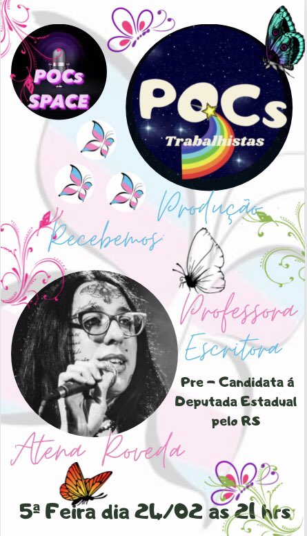 Adriano202029's tweet photo. Quinta tem estreia do quadro Palanque Virtual no @pocstrabalhista com a participação da @AtenaRoveda mulher trans pré-candidata a deputada estadual pelo PDT no Rio Grande do Sul.
Quinta-Feira dia 24/02 as 21h segue o perfil do pocs lá e participe✊🏻🌹🏳️⚧️🏳️🌈
#Atenanopocs
#PDTRS https://t.co/VKvOlUOxmZ