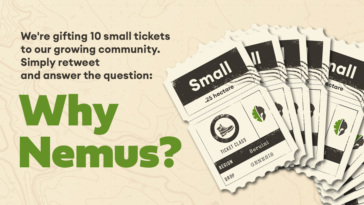 nemus_earth's tweet photo. We’re proud to announce that our 1st round of early access is open! To celebrate, we’d like to gift 10 small tickets to our growing community. RT this post answering the question “Why Nemus?” We'll vote on the top ten answers in our Discord and each will receive a small ticket! https://t.co/JtRHhiEBkU