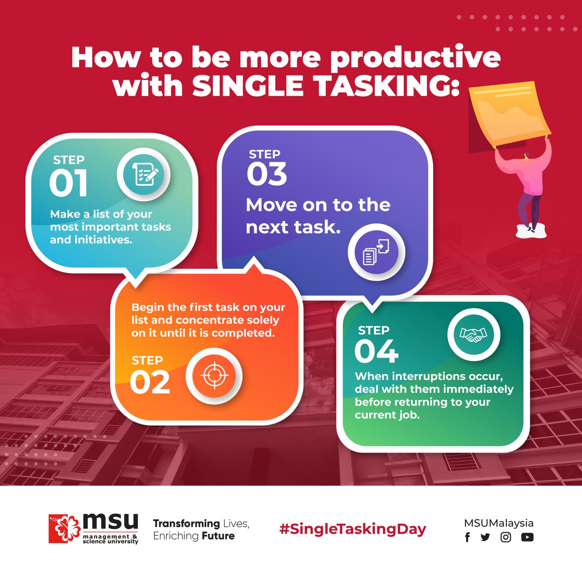 MSUmalaysia's tweet image. Take a break from multi-tasking and try single-tasking!

On this Single Tasking Day, we encourage all #MSUrians to get things done by focusing on one thing at a time. 

You’ll be surprised at how productive it can be!

#MSUmalaysia
#SingleTaskingDay