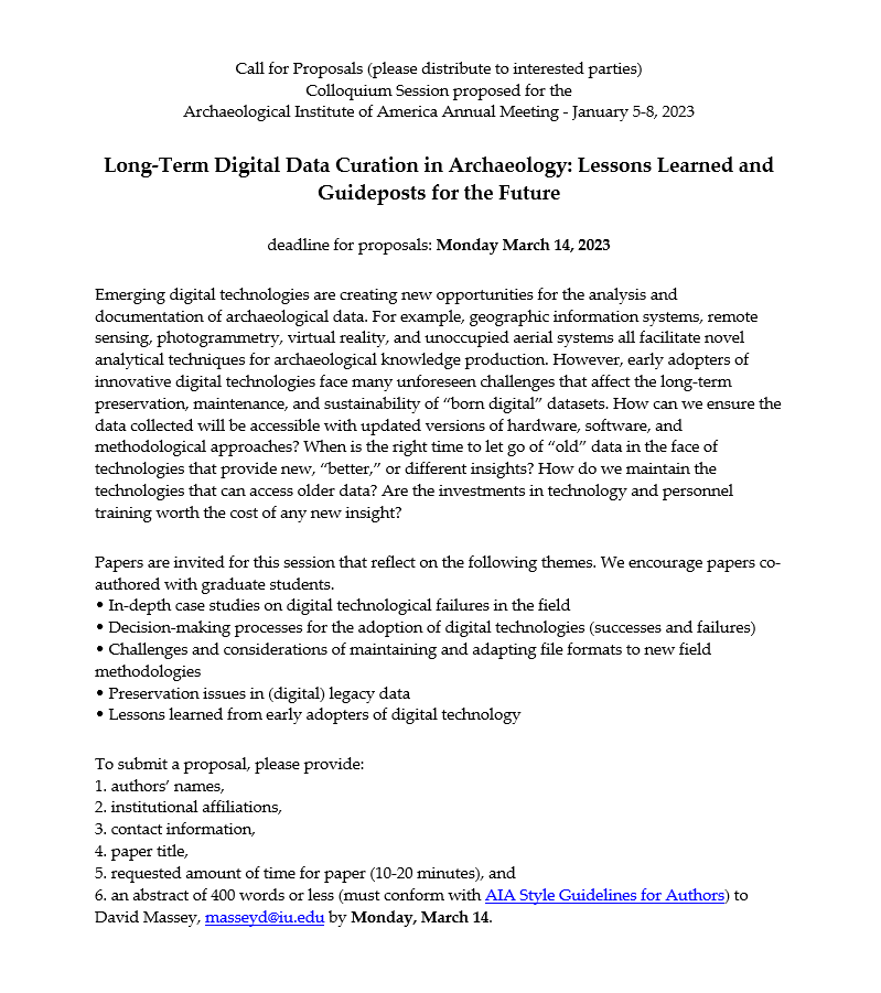 digital_aia's tweet photo. Call for Proposals
Long-Term Digital Data Curation in Archaeology: Lessons Learned and Guideposts for the Future https://t.co/Lr7HEbR5Wd