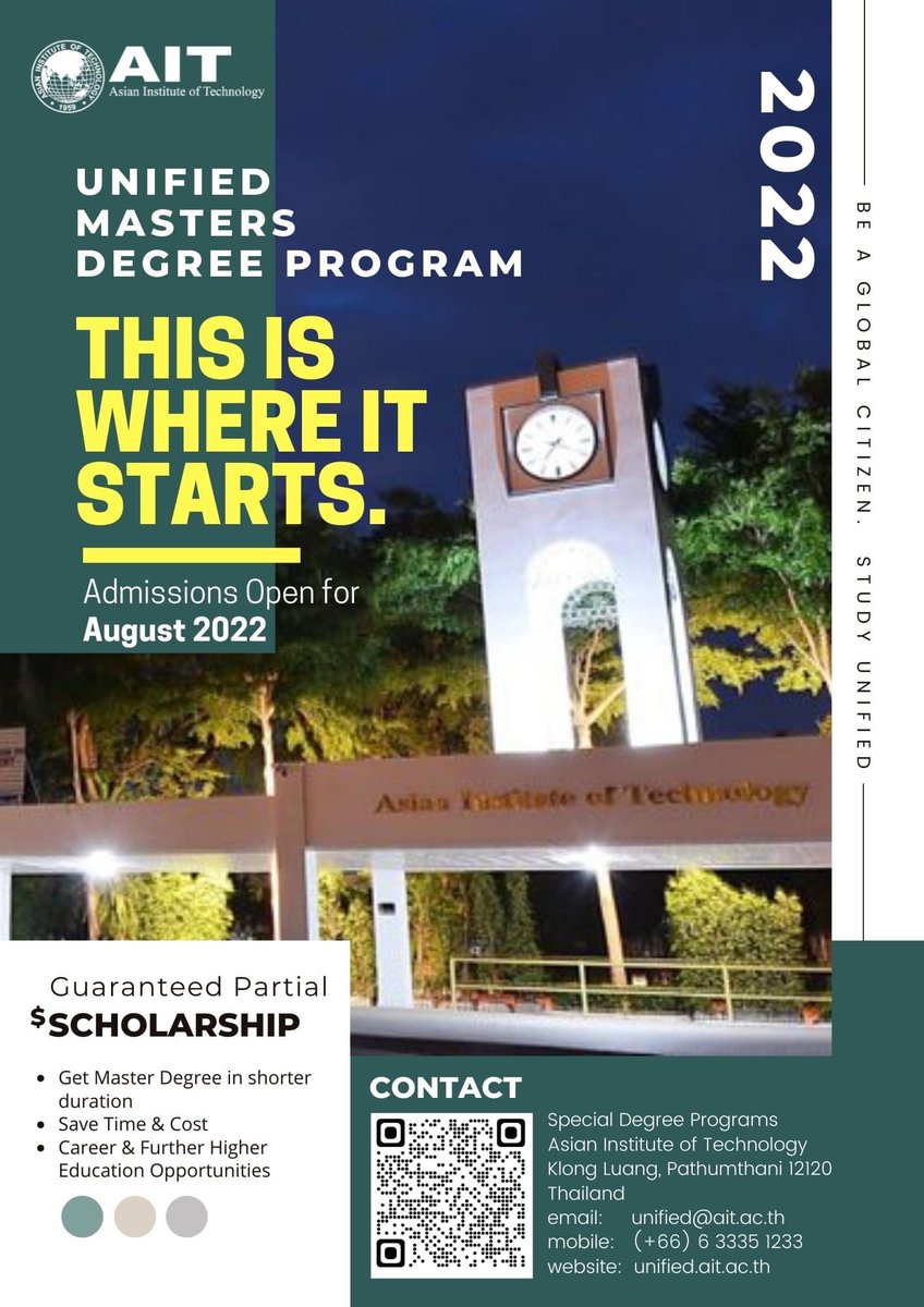 AITunified's tweet photo. Be a Global Citizen, Study Unified Masters!
Admissions for August 2022 semester is now open!
for more info visit https://t.co/wrPazFCRqN
drop your message here or email us @ unified@ait.ac.th
#Masters #ait #aitunified #unifiedmasters #Engineering #technologies #environment #ICT https://t.co/eeyr0Mrisx