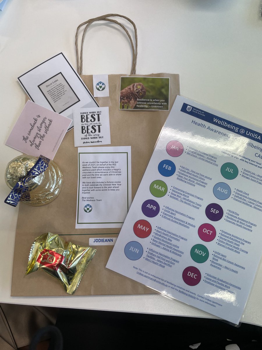 An inspirational welcome back goody bag from the amazing Research and Innovation Services Wellness Team ⁦<a href="/UniversitySA/">UniSA (this account is no longer active)</a>⁩. Thank you #riswellness