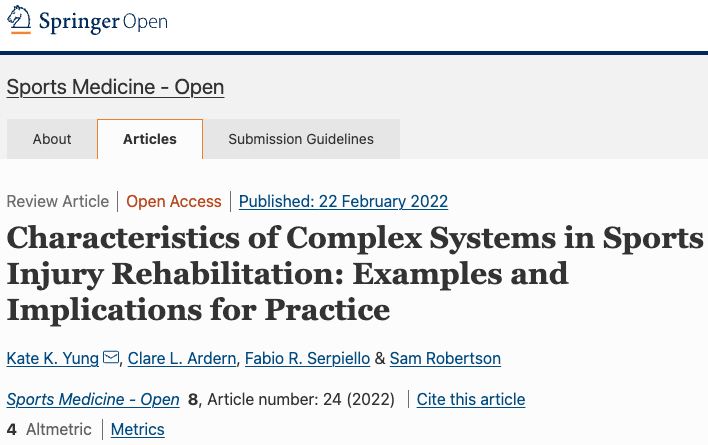 clare_ardern's tweet photo. 🚨 New paper alert
Wondering about how complex systems theory applies to sports injury rehab practice?

Sports physio and PhD candidate, @KateYung1, does a stellar job making the complex, practical! Kudos, Kate! 🌟

Download for free: 
https://t.co/3CsLqvbx86

@FabioSerpiello https://t.co/H006nriN7G