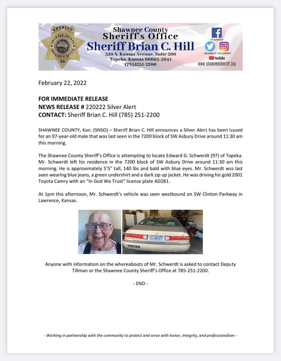 ShawneeSheriff's tweet image. Sheriff Brian C. Hill announces a Silver Alert has been issued for an 97-year-old male that was last seen in the 7200 block of SW Asbury Drive around 11:30 am this morning.
The Shawnee County Sheriff’s Office is attempting to locate Edward G. Schwerdt (97) of Topeka. Mr…