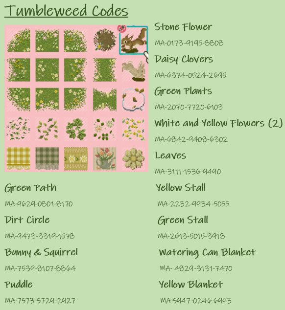 cosykyle's tweet photo. codes used for my springcore island, tumbleweed 💐

#ACNH #AnimalCrossing https://t.co/KCbQjRj8B2