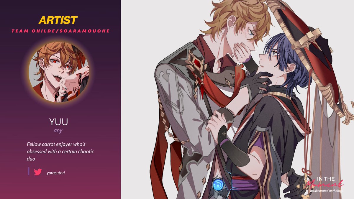 InTheMomentZine's tweet photo. ✦ Contributor Spotlight ✦

Introducing @yurasutori, who is going to draw us a very tasty depiction of Childe/Scaramouche! We love the tension in their works and we're eager to see what they'll do with their favorite duo! https://t.co/7m2ASFnOa0