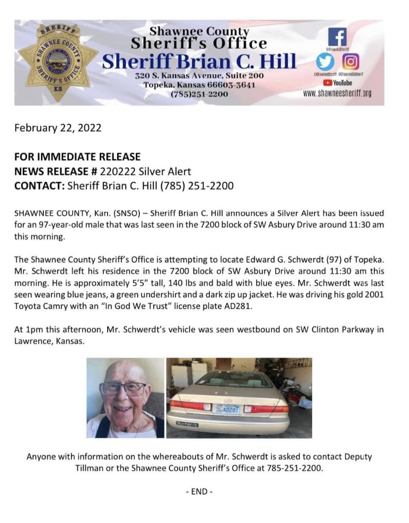 nick_schwerdt's tweet photo. To my Lawrence and Topeka followers: my grandfather is 97 and went missing today. He was last seen in Lawrence around 1 pm. He drives a gold 2001 Toyota Camry. Pictures below.

Thanks for any help. https://t.co/GI8DtlBv4G