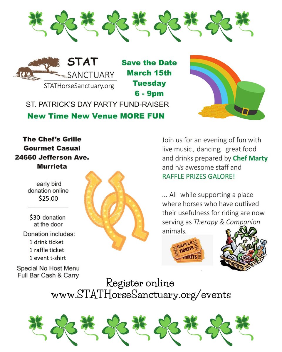 PRsings1's tweet photo. SAVE THE DATE  TUESDAY MARCH 15.. 6-9PM PRIVATE PARTY AT CHEF'S GRILLE!!   11TH ANNUAL ST. PATRICK'S FUND RAISER FOR STAT SANCTUARY LIVE MUSIC, DANCING,GREAT FUN, FOOD &amp; FRIENDS AND
RAFFLE PRIZES GALORE!  ONLINE EARLY BIRD SPECIAL
https://t.co/fx0qqIVPCl

https://t.co/ZKwNIJT4Qf https://t.co/jm8k9FJavT