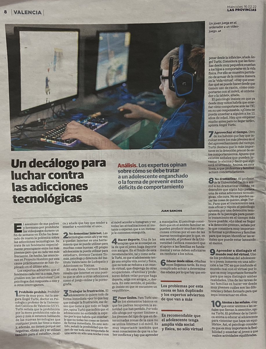 angelmturbi's tweet photo. Sensibilizando sobre las #adiccionestecnológicas #ciberadicciones
Esta vez colaborando con la prensa, @UCV_svm periódico @lasprovincias (16/02/22). Gracias a Juan Sanchis por la entrevista. #adicciones #prevencionciberadicciones https://t.co/DQukgLgRpl