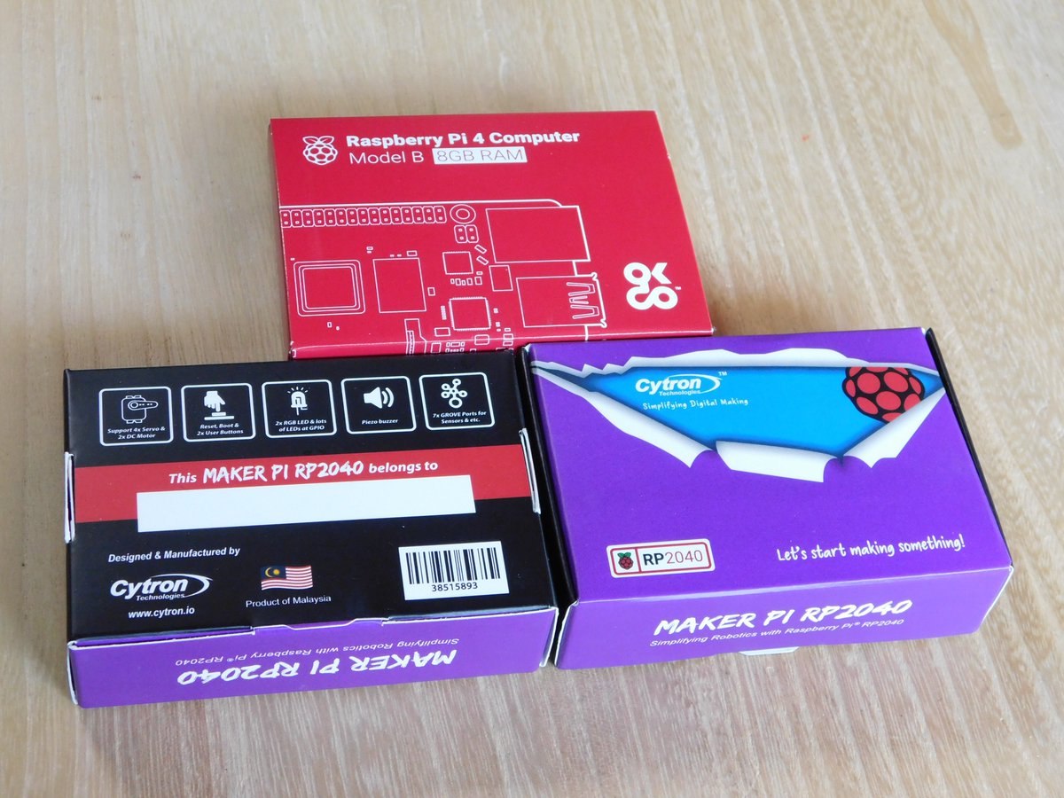 triring's tweet photo. この世界的な半導体不足で、入手困難と言われている #Raspi4 RAM4Gを入手した。
ついでに、#MakerPiRP2040 を2個ゲット

Raspberry Pi 4 Model B 8GB (RS) x 2
Cytron Maker Pi RP2040 x 1 https://t.co/2V5W7x0txZ