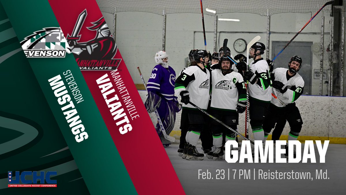 Stevenson men's hockey (<a href="/SUMustanghky/">Stevenson University Men's Hockey</a>) welcomes Manhattanville in a UCHC Quarterfinal matchup! 

⏰: 7 PM
🏟: Reisterstown Sportsplex
🎥: gomustangsports.tv
📈: bit.ly/3Igf8Dj

#d3hky #MAChky #StangNation #UCHC