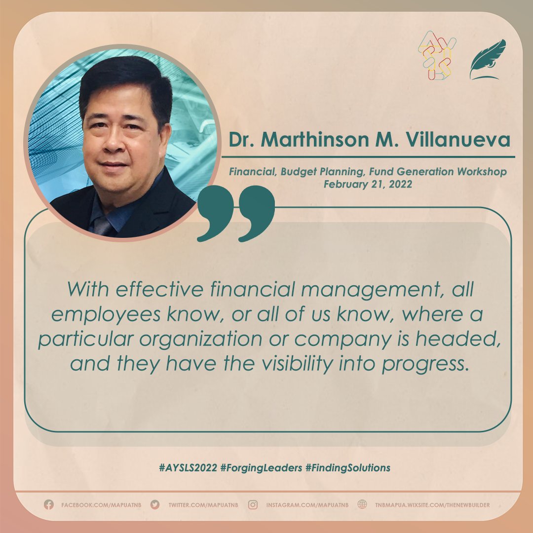 MapuaTNB's tweet photo. ICYMI: Dr. Marthinson M. Villanueva from ETYSBM emphasized the significance of effective financial management towards growth in the Financial, Budget Planning, Fund Generation Workshop held last February 21.
#AYSLS2022
#ForgingLeaders
#FindingSolutions https://t.co/XaMd3HFdpg