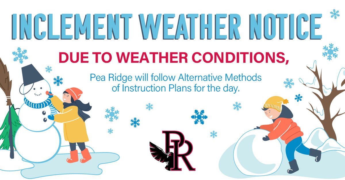 Due to inclement weather, the Pea Ridge School District will pivot to remote learning for Wednesday 2/23/2022. 

Find your AMI assignments and schedule here:
docs.google.com/document/u/1/d…

Stay warm and safe! 

#PRMSHawks #BlackhawkPride