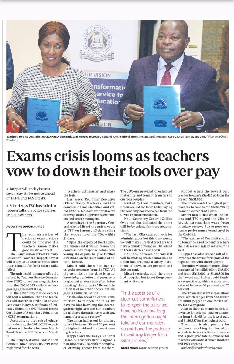 KUPPET KENYA OFFICIAL PAGE (@kuppetp) on Twitter photo Teachers Union KUPPET to issue strike notice because of failure by TSC to open talks for better salaries and allowances. Teachers Union KUPPET to issue strike notice because of failure by TSC to open talks for better salaries and allowances.