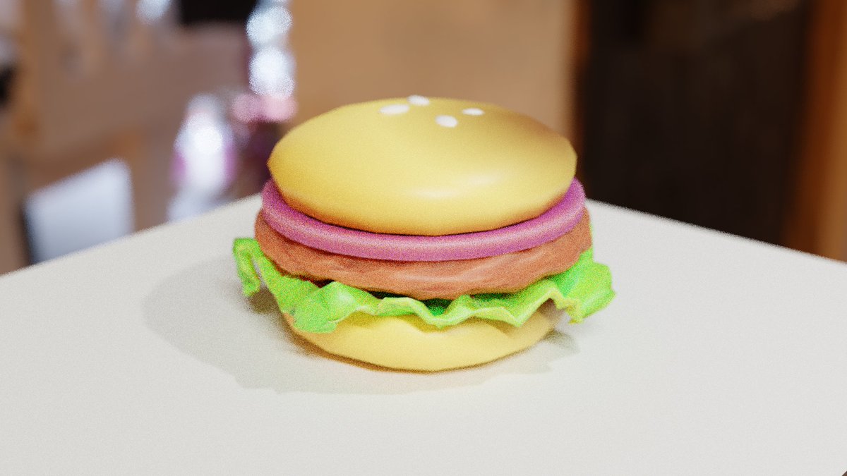 #10MinuteModel day 1: Burger.🍔
Rendered in Cycles at 30 Max Samples. Did not use denoise on purpose to give it grainy look. =) 
#lowpoly #blender