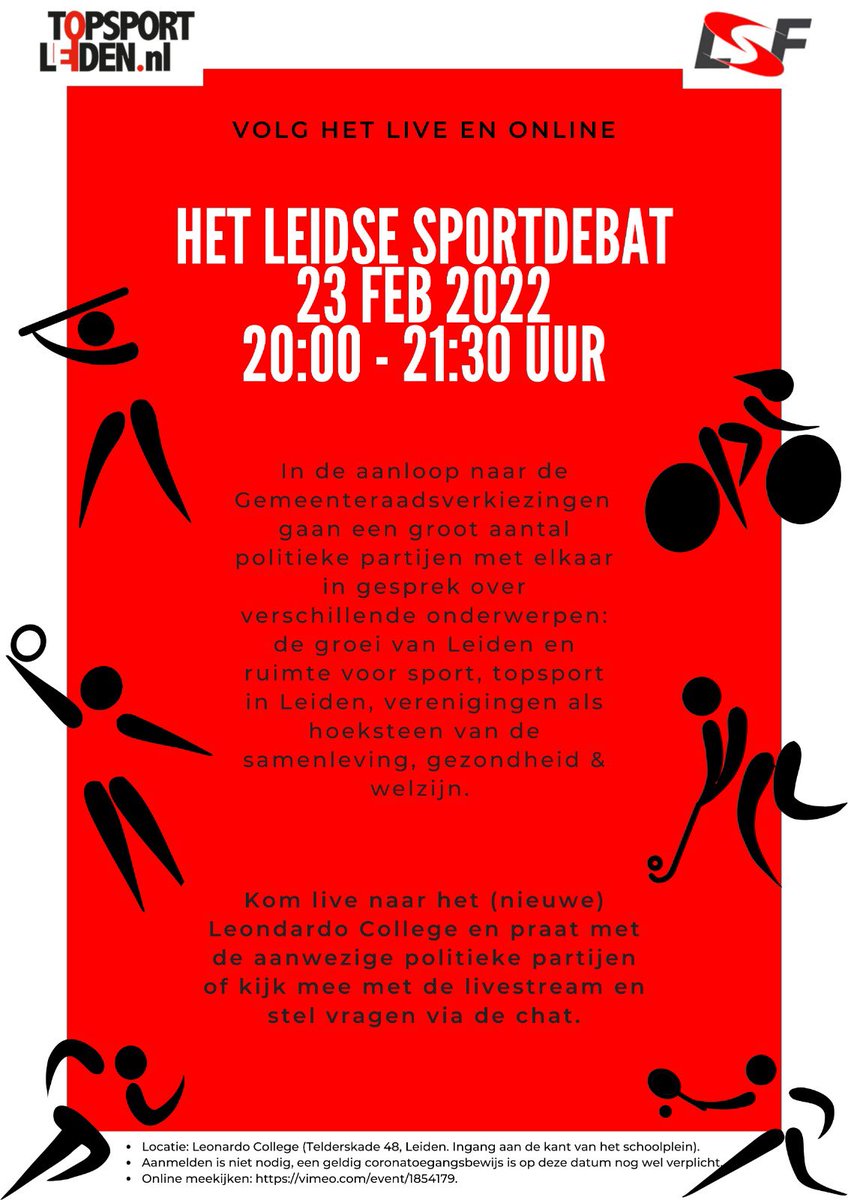 Vanavond 20.00 uur #sportdebat <a href="/LeonardoCollege/">Leonardo College</a> #leiden <a href="/GemeenteLeiden/">Gemeente Leiden</a> <a href="/DeLeidseGlibber/">Emile van Aelst</a> <a href="/Sleutelstad/">Sleutelstad</a> <a href="/pvdaleiden/">PvdA Leiden</a> <a href="/CDALeiden/">CDA Leiden</a> @MartijnOtten <a href="/martijnpeetsold/">martijn peetsold</a> @paulgoulmy <a href="/nienkeledegang/">Nienke Ledegang</a> @winand