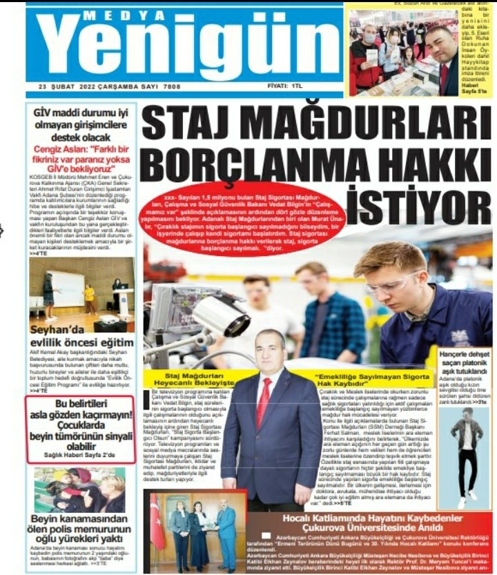 STAJMADURLARID1's tweet image. Staj Mağdurlarını manşetine taşıyan Adana  Medya Yengün gazetesine teşekkürü borç biliriz. Başta İmtiyaz Sahibi Hüseyin Karabulut ve Yazı işleri Md Songül Yorulmaz olmak üzere gazetemizin tüm çalışanlarına teşekkür ederim.
#StajSskBaşlangıcıOlsun 
medyayenigun.net/staj-magdurlar…