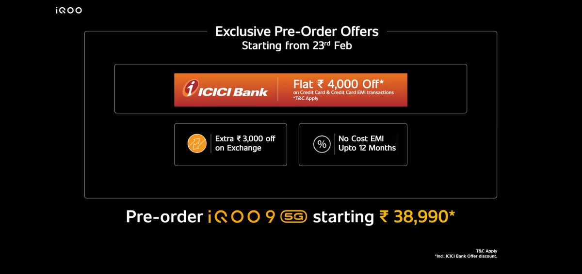 IqooInd's tweet photo. Pre-order the iQOO 9 5G today to get some amazing offers starting right now!​
Pre-orders start at ₹38,990.​
Get flat ₹4,000 off with ICICI Bank.​
Get extra ₹3,000 off on exchange.​
​No Cost EMI up to 12 months!​
Buy now!​

#MonsterInside #AmazonSpecials https://t.co/AsRB1uCZY2
