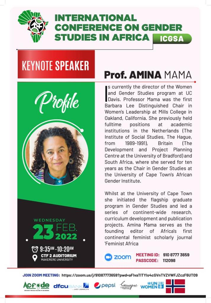 Prof. Amina Mama, Keynote speaker @Mak_SWGS @Makerere  @unwomenuganda #MAKat100