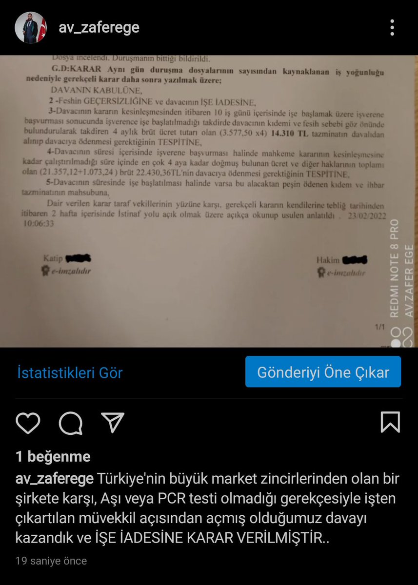 Aşı veya PCR olmadığı gerekçesiyle işten çıkartılan müvekkil açısından açmış olduğumuz davayı kazandık ve İŞE İADESİNE KARAR VERİLMİŞTİR.. Sanırım bu alandaki  ilk karar  :)