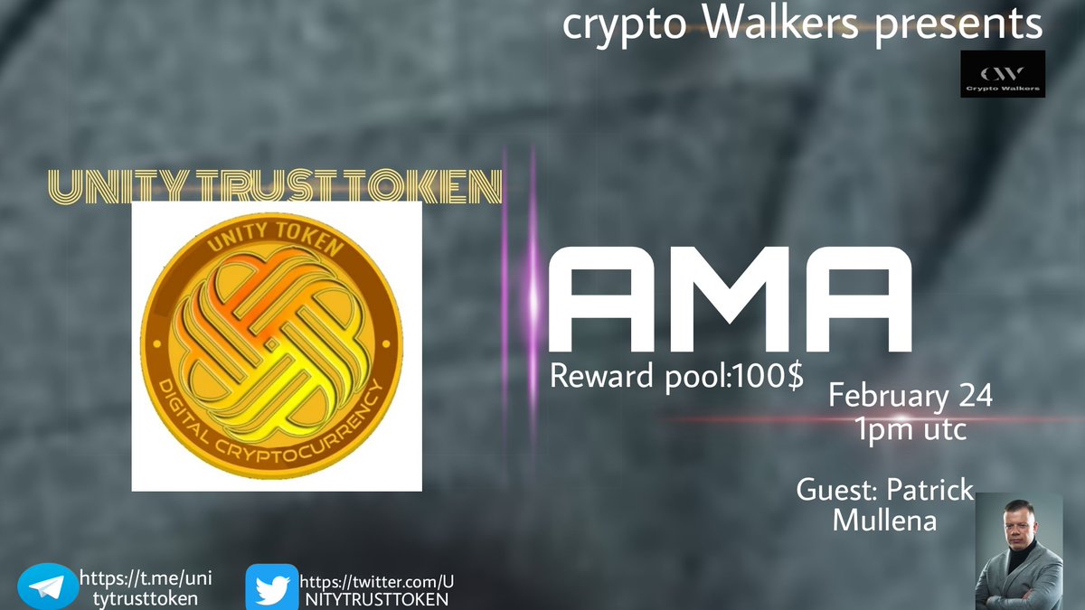 CRYPTO WALKERS AMA ANNOUNCEMENT 🔊

Crypto Walkers Will Host An Ama With UNITY TRUST TOKEN On, 24th February 1 PM UTC
venue: t.me/Crypto_Walkers…
Reward pool: 100$
Rules:)
1) Follow <a href="/Crypto_Walkers_/">Massimiliano Merizio</a> &amp; @UNITYTRUSTTOKEN
2) Like and Retweet the post 
3) post best 5 questions