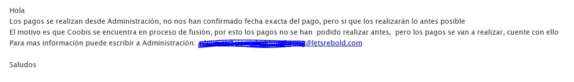 Al hilo de este twit contacté de nuevo con @Coobis_com vía email reclamando lo que me pertenece, y su respuesta ha sido esta👇Después de un año reclamando, resulta que los platos rotos de su fusión los tenemos que pagar los usuarios. ¡Manada huevos!