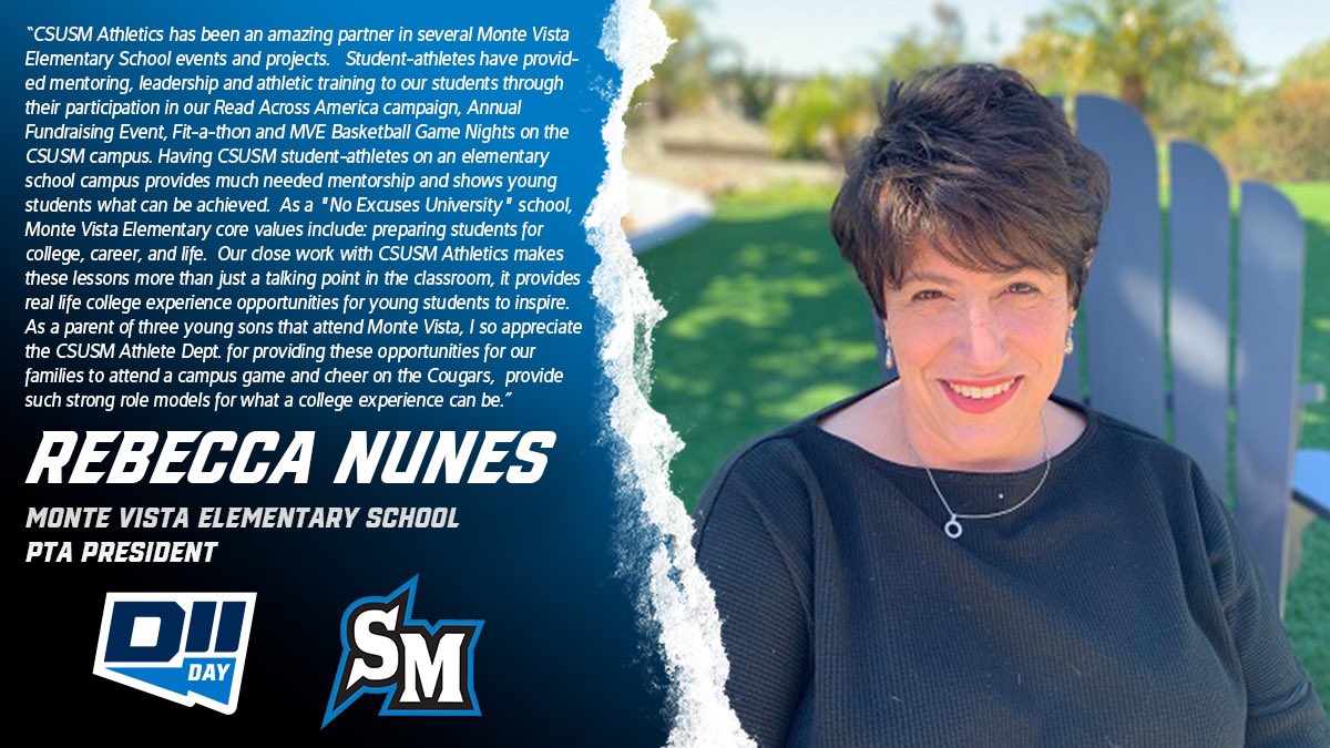CSUSM_SAAC's tweet image. Happy D2 Day! Learn what President Rebecca Nunes from @MonteVistaBobca has to share about our proud student-athletes on this incredible day.
We appreciate the love and support from MVE💙
#montevistaelementary | #makeityours