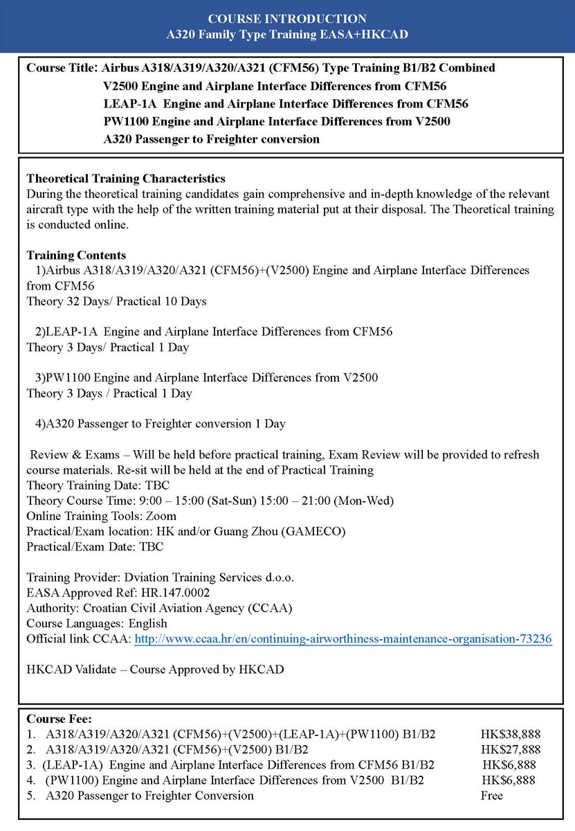 COURSE INTRODUCTION 
A320 Family Type Training EASA+HKCAD

Registration till Open. Seats Available.
Interested Candidates Contact Through
Email: jonny@fly2sc.com 
WhatsApp: +8615259231700
#HKCAD #EASA #aircraft Type Training #aircraft maintenence #licensed engineer