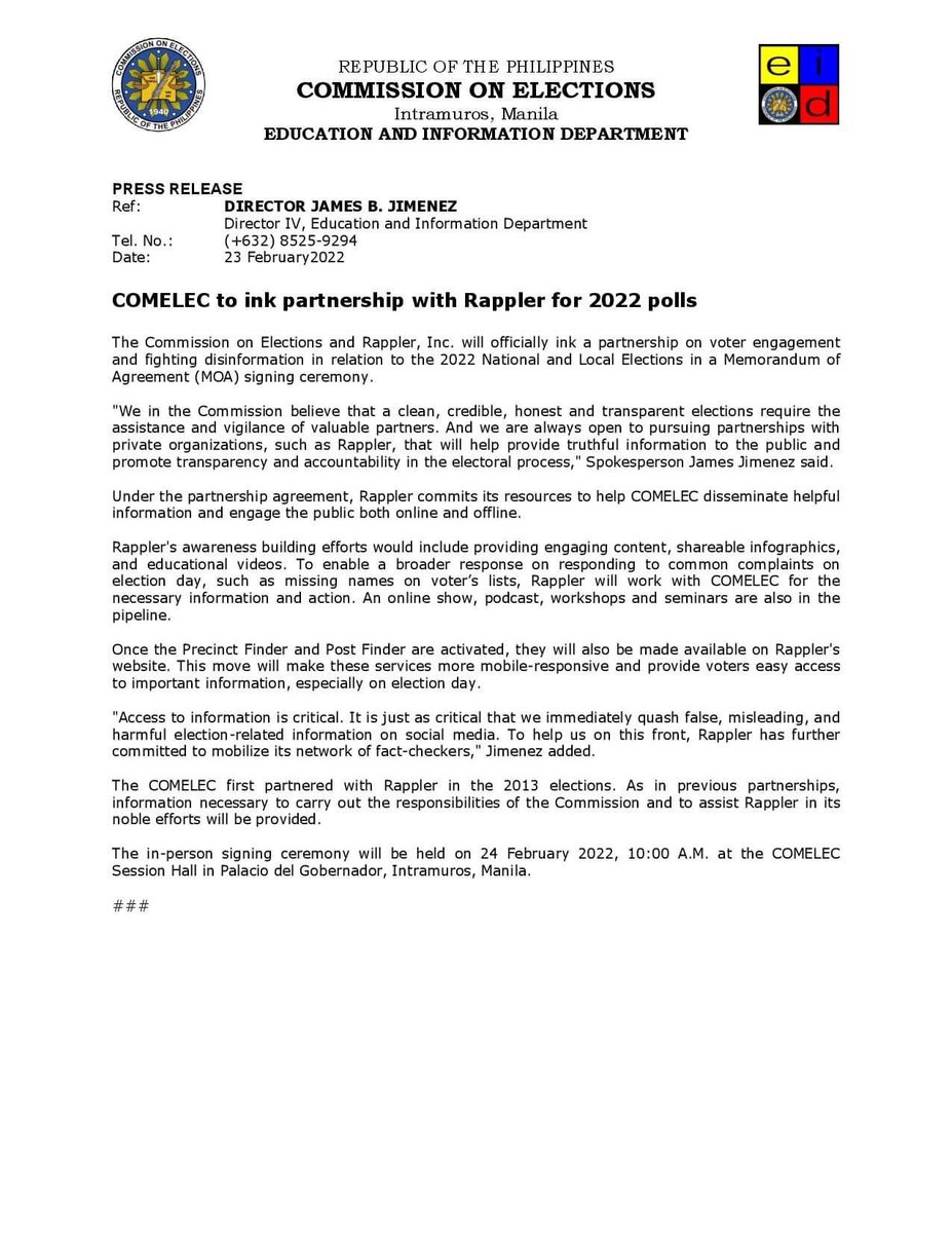 PRESS RELEASE: COMELEC to ink partnership with Rappler for 2022 polls